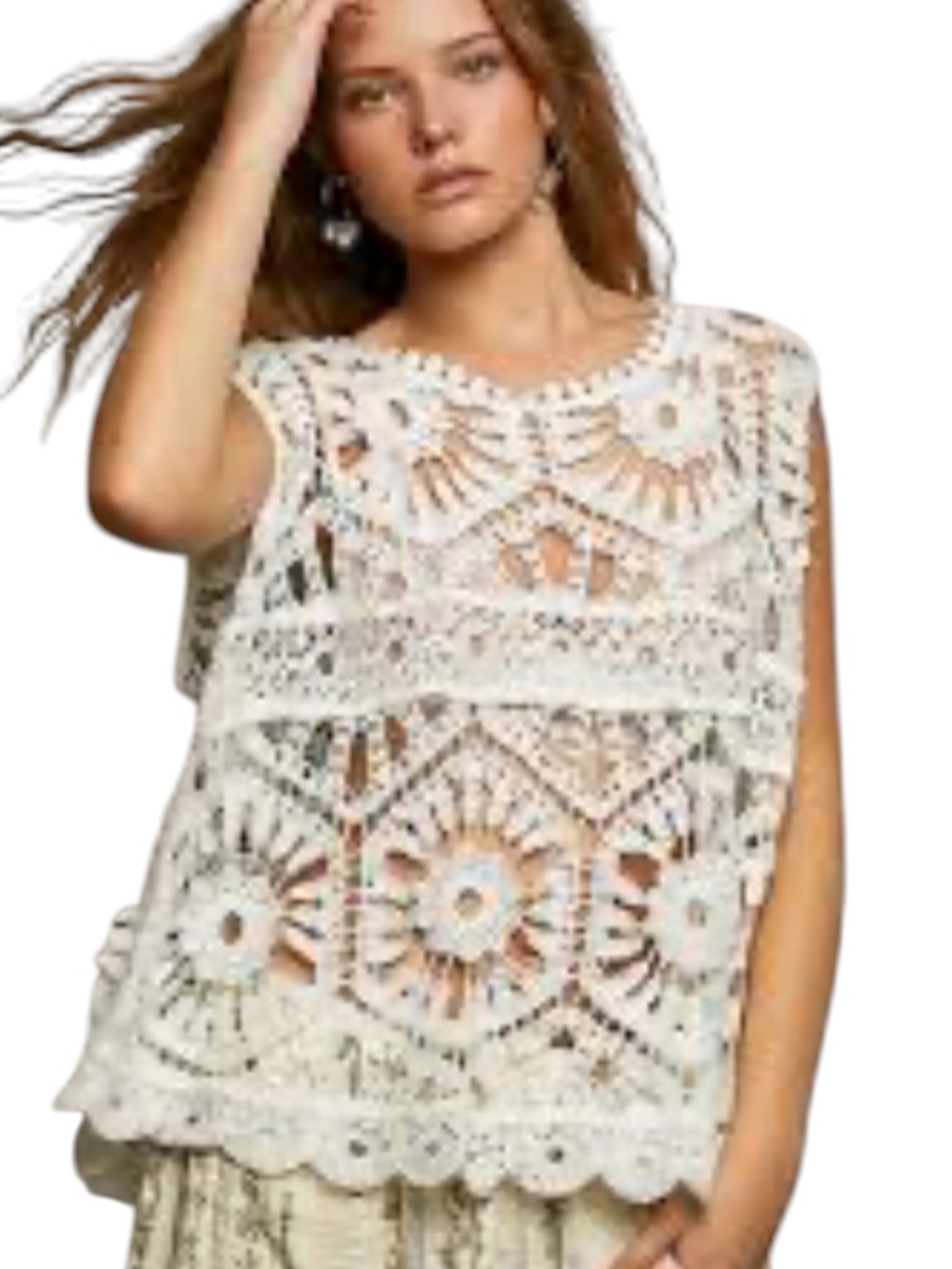 POL Beige Boho Crochet Lace Shell Top
